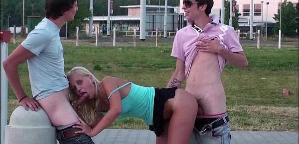  3 teens with a very cute young blonde girl PUBLIC threesome sex orgy